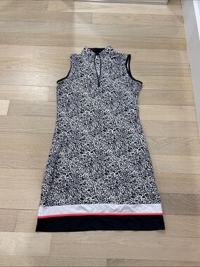 Sleeveless Black & White Leopard Print Women's Dress with Stripe Hem for Golf